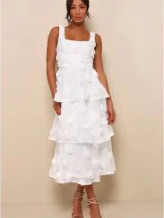 Lulus White Sleeveless Tiered Rosette Midi Dress size Small - Picture 1 of 9